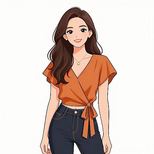 Digital anime-style drawing of a smiling woman with long brown hair, wearing an orange V-neck top tied at the waist and dark blue jeans, white background