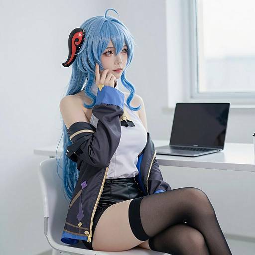 Cosplay Woman with Blue Hair Indoors