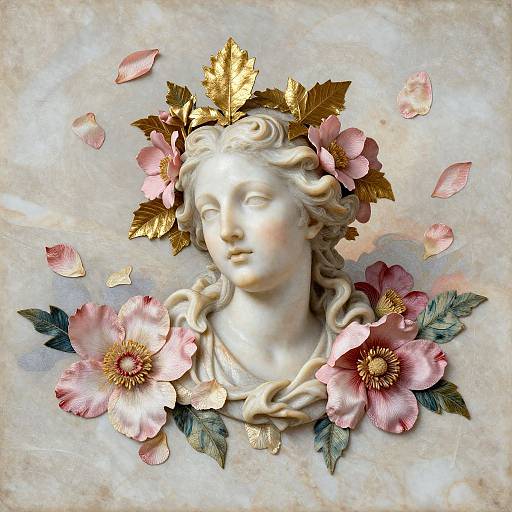 Photograph of a white marble bust of a serene-faced woman with wavy hair, adorned with pink flowers and golden leaves, surrounded by scattered petals.