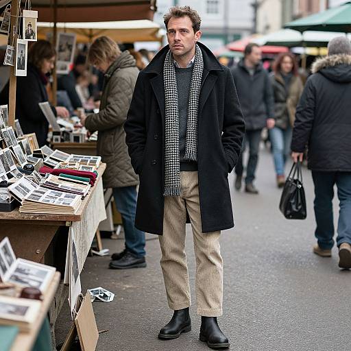 Photograph of a man in a black coat, beige pants, black boots, and checkered scarf standing in a busy outdoor market.