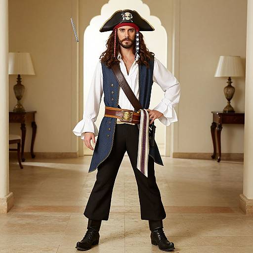 Photograph of a muscular man with long brown hair and beard, dressed as a pirate, standing confidently in a grand hallway with two lamps in the background