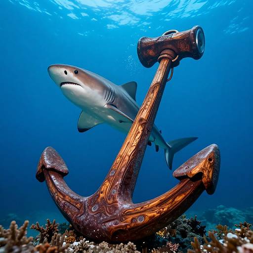 Photograph of a silver shark swimming beside a weathered, wooden anchor on a coral reef, underwater in clear blue ocean.