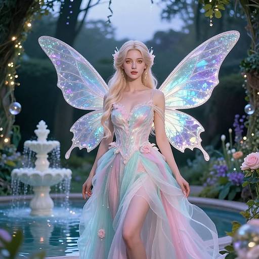 Fantastical digital art of a blonde fairy with iridescent wings, wearing a shimmering pastel ball gown, standing in a magical garden with