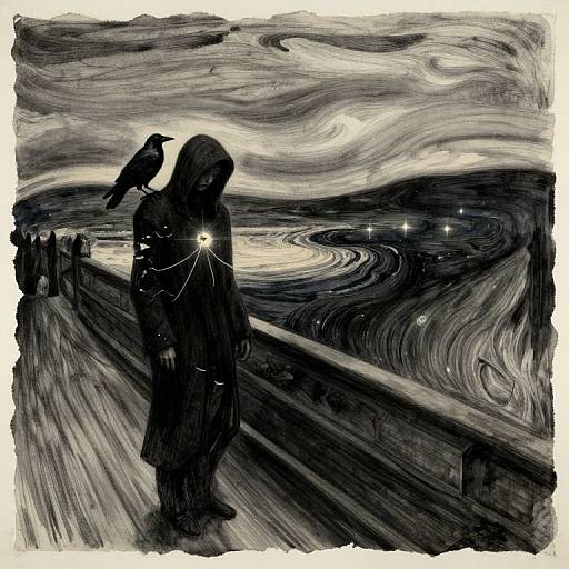 Monochromatic digital drawing of a hooded figure with a crow on their shoulder, standing on a wooden pier under a swirling, starry sky.
