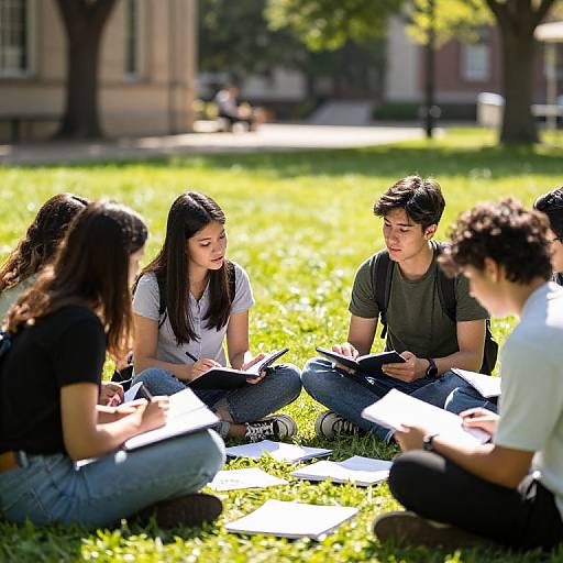 Photograph of five young Asian students sitting on grass in a sunlit park, attentively reading and writing notes, wearing casual clothes.
