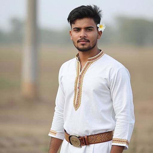 Photograph of a handsome South Asian man with dark hair and beard, wearing a white traditional kurta with gold embroidery, brown belt, and flower in