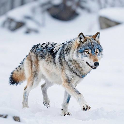 Furry Wolf Running Through Snowy Mountains