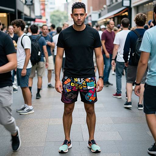 Photograph of a muscular man with short dark hair, wearing a black t-shirt, colorful graphic shorts, and white sneakers, standing in a busy urban