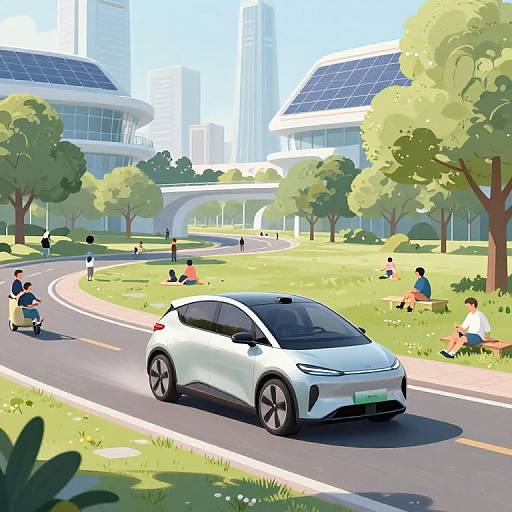 Digital illustration of a white electric car driving on a curved road in a sunny, modern park with people walking, sitting, and trees. Background includes sleek
