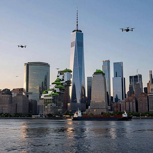 Photograph of Manhattan skyline at dusk with One World Trade Center, three flying drones, rooftop gardens, and a riverfront boat.