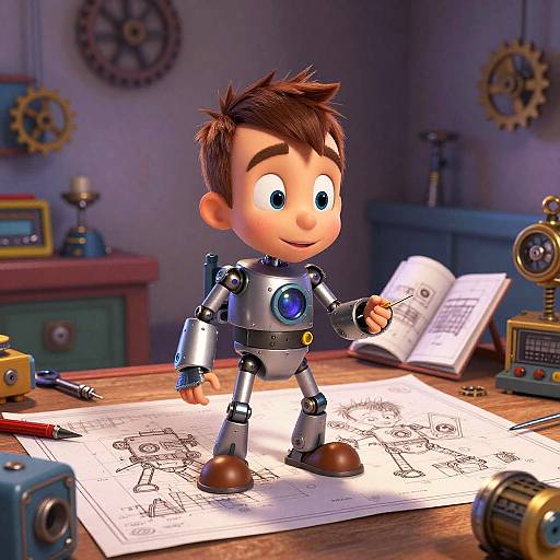 Animated Boy Robot Inventor in Steampunk Workshop