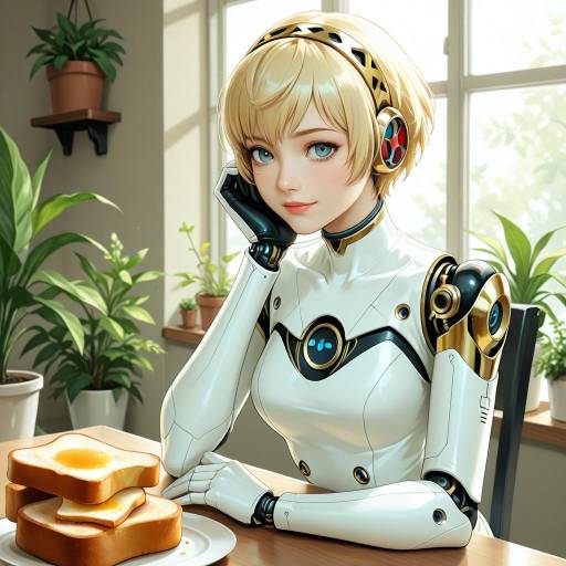 Blonde Android Enjoying Toast by Window