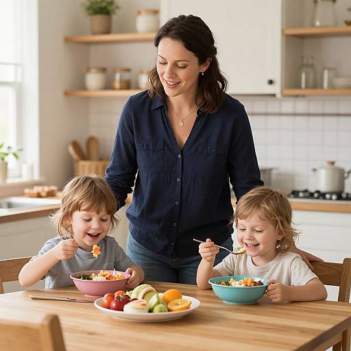 Photograph of a smiling brunette woman in a navy shirt standing behind two happy, blonde-haired children eating colorful salads at a wooden kitchen table.