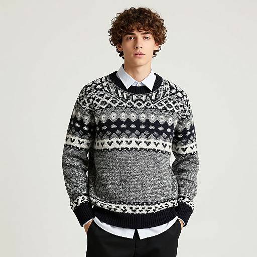 Photograph of a curly-haired young man with fair skin, wearing a black-and-white patterned knit sweater over a white collared shirt, standing against