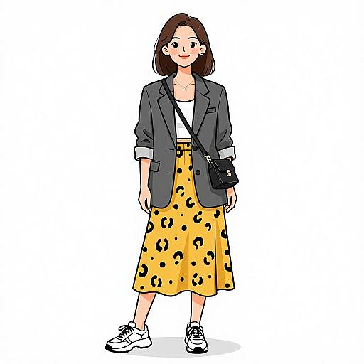 Digital illustration of a smiling Asian woman with shoulder-length brown hair, wearing a black blazer, white top, yellow leopard-print skirt, and white sneakers