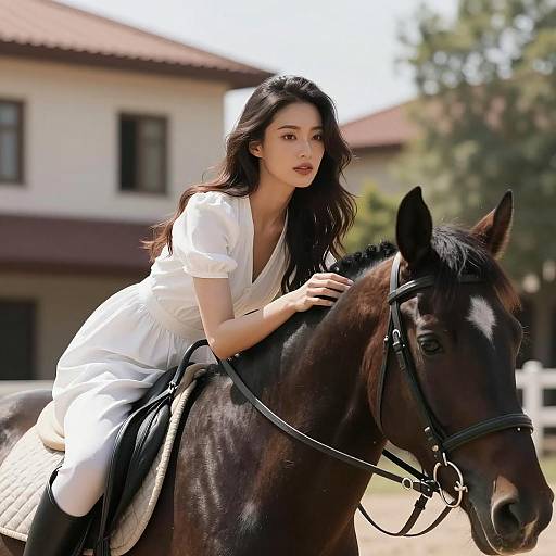 Woman Riding Black Horse in White Dress