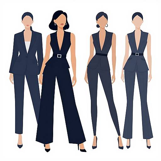 Digital illustration of five faceless women in various dark blue business suits with deep V-necks, wide-leg and tailored pants, standing against a white background