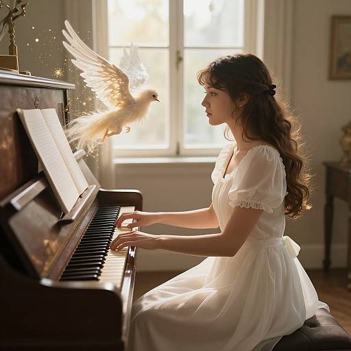 Photograph of a young woman in a white, short-sleeved dress playing piano, illuminated by sunlight, with a white dove mid-flight above the
