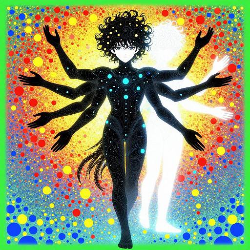 Digital art of a silhouetted, multi-armed figure with curly hair, standing against a vibrant, splattered yellow, red, blue,