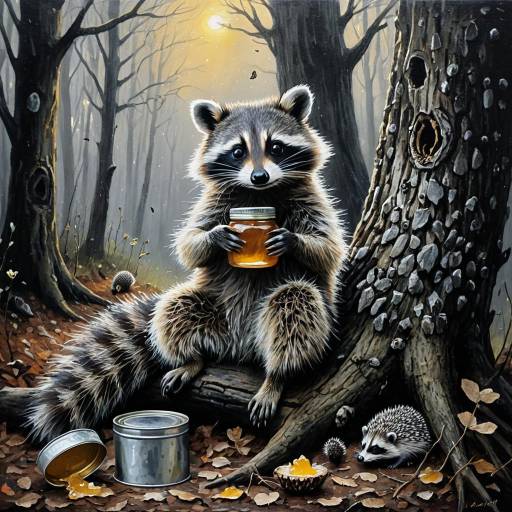 Mischievous Raccoon in Misty Forest