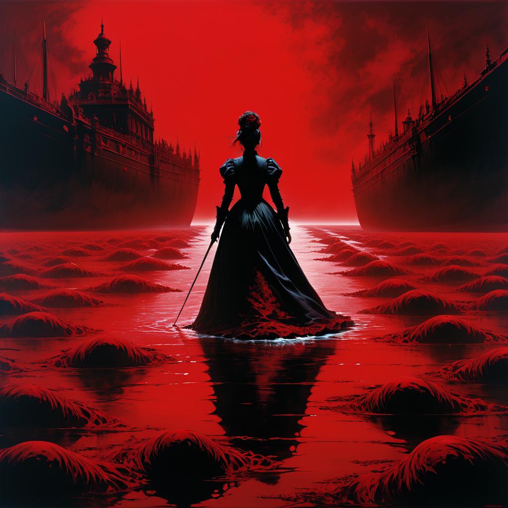 Victorian Woman in Crimson Sea of Horror