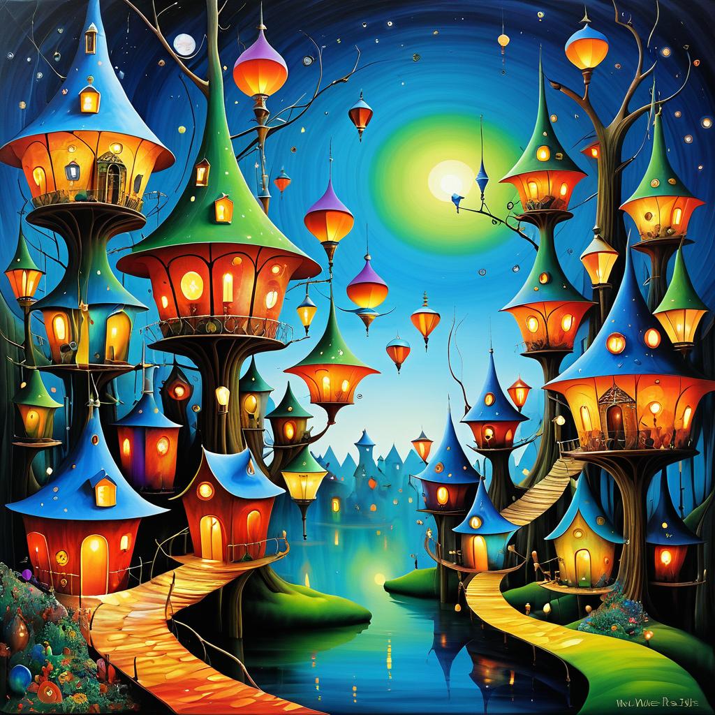 Whimsical Treehouse Village Surreal Art