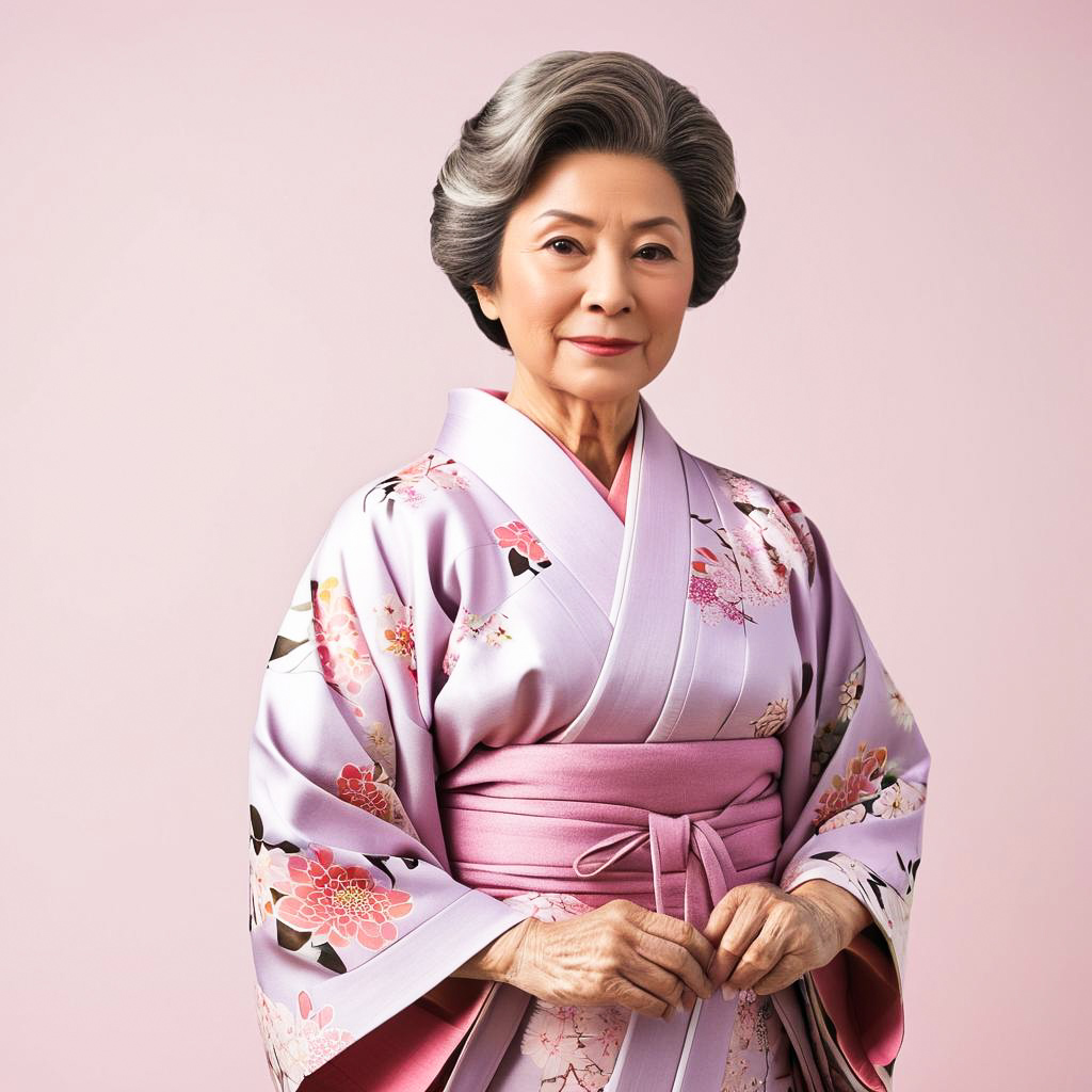 Calm Elderly Woman in Floral Yukata