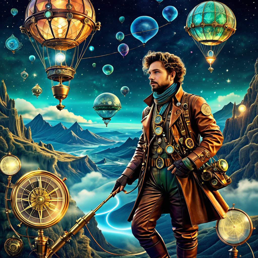 Mystical Steampunk Explorer in Vibrant Terrain