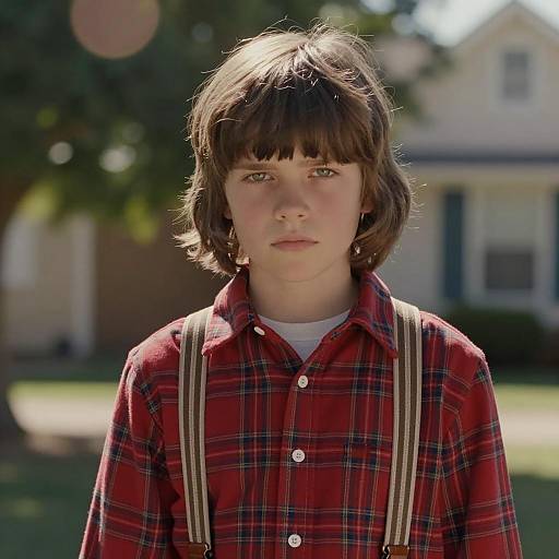 Young Boy in Red Plaid Shirt with Suspenders Outdoors
