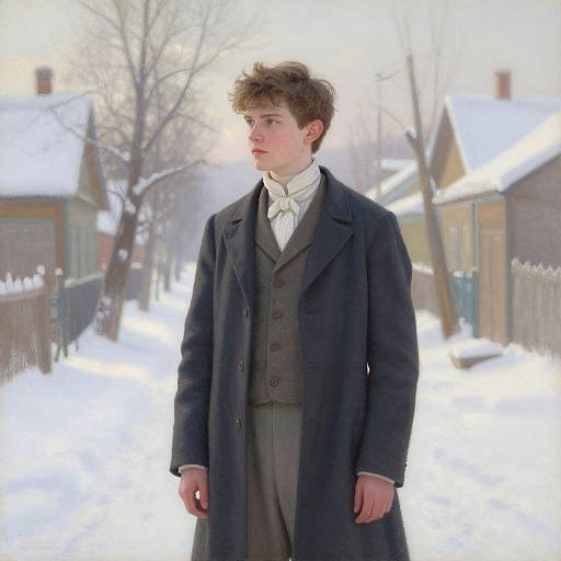 Photograph of a young man with brown hair, wearing a dark gray Victorian-style suit and overcoat, standing in a snowy, suburban street with snow