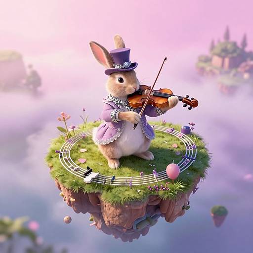 CGI image of a rabbit in a top hat and purple dress playing violin on a floating grassy island with musical notes.