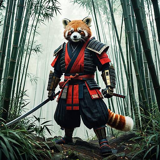 Red Panda Samurai in Bamboo Forest