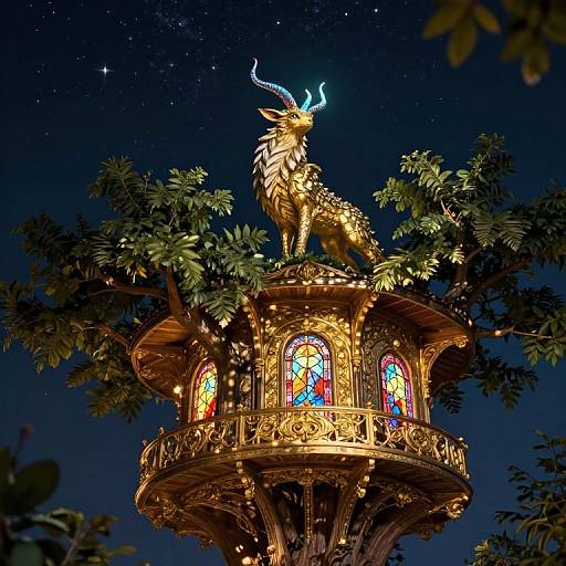 Photograph of a golden, ornate treehouse with colorful stained glass windows, topped by a glowing, antlered dragon statue, under a star