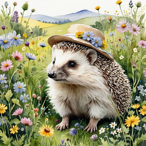 Watercolor Hedgehog in Floral Bonnet
