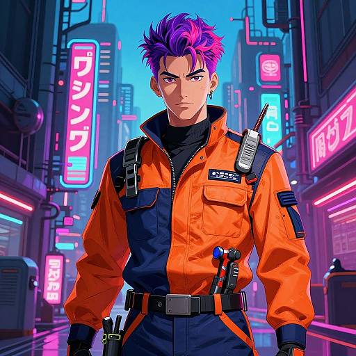 Digital anime-style illustration of a purple-haired man in an orange and black jumpsuit, standing in a neon-lit cyberpunk city street. His expression