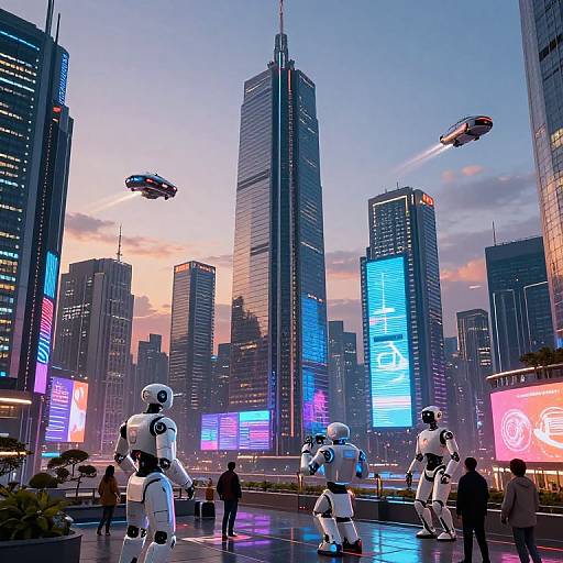Digital artwork of a futuristic cityscape at dusk, featuring towering skyscrapers with neon lights, flying cars, and humanoid robots standing in a plaza with