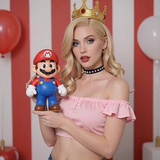 Blonde Woman with Crown and Mario Doll