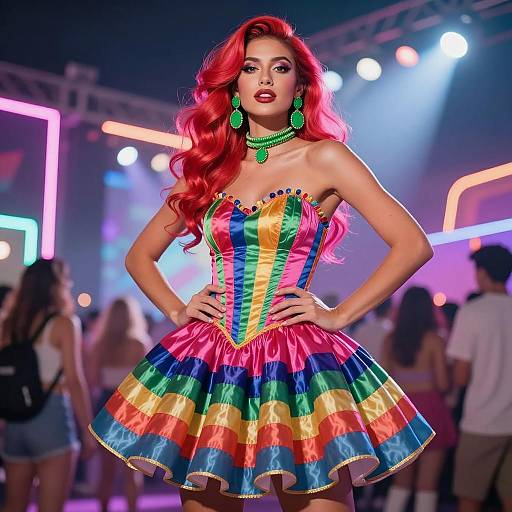 Woman in Colorful Carnival Dress at Neon-lit Festival