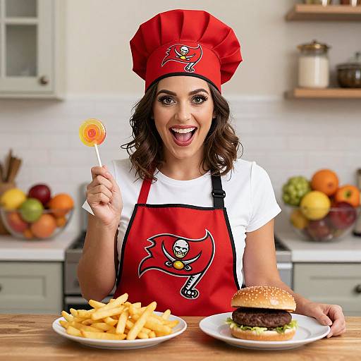Photograph of a smiling woman in a red chef's hat and apron, holding a lollipop, with a burger and fries in a bright,