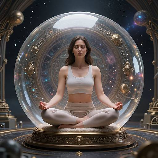 Photorealistic digital image of a serene, brown-haired woman in white sports bra and leggings, meditating inside a glowing, ornate crystal sphere,