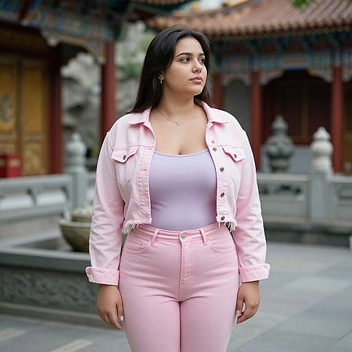 Woman in pastel outfit at serene temple