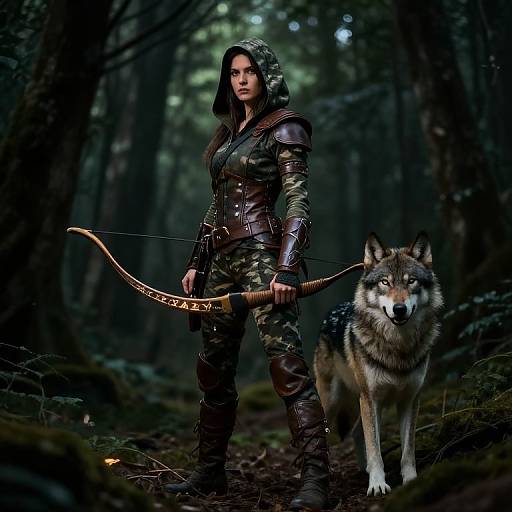 Photograph of a fierce woman in camouflage armor and hood, holding a wooden bow, standing beside a fierce, alert wolf in a dark forest.