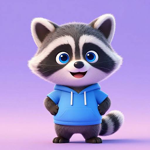Cute CGI raccoon with big blue eyes, wearing a light blue hoodie, stands confidently against a gradient purple background.
