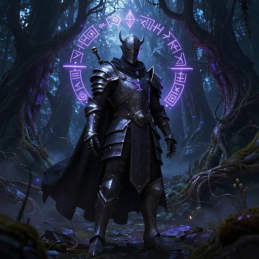 Mysterious Armored Sorcerer in Enchanted Forest