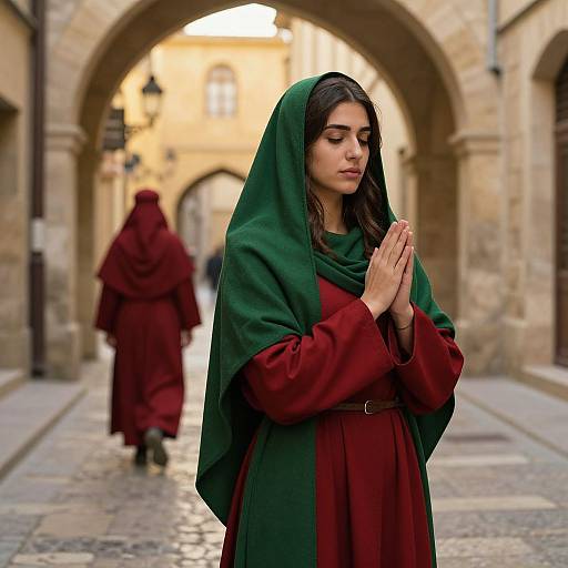 Devout Woman Praying in Historic Alley