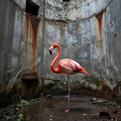 Solitary Flamingo in Brutalist Silo