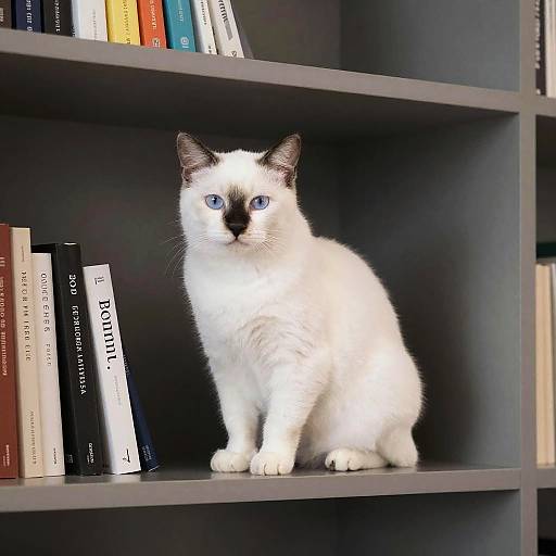 White Cat with Black Nose on Bookshelf