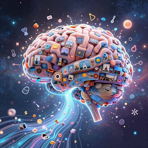 Digital artwork of a glowing brain filled with colorful app icons, floating in space with swirling blue lights and cosmic elements.