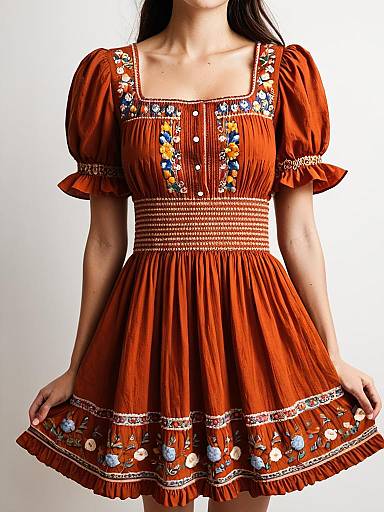 Bohemian Rust Color Dress with Floral Embroidery