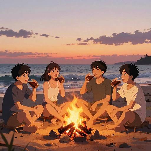 Anime Beach Bonfire Sunset Scene